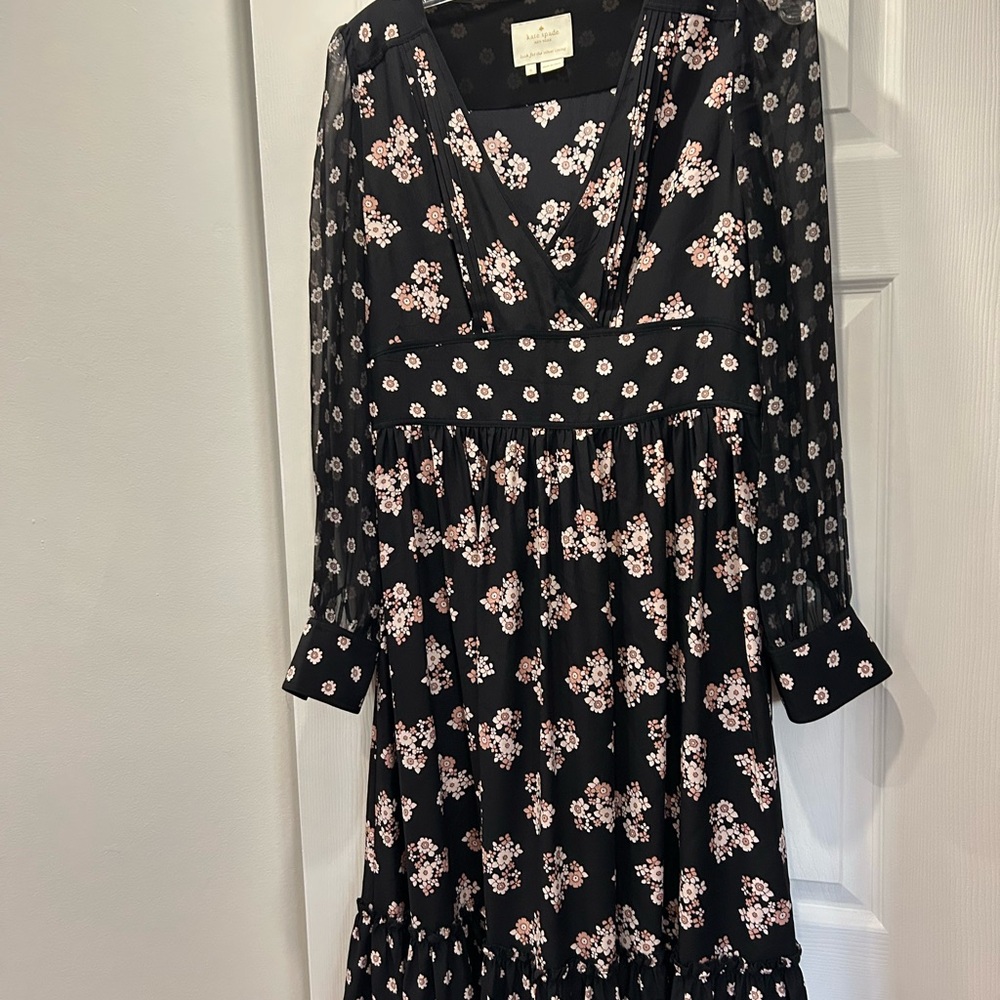 Kate Spade Black Long Sleeve Ruffled V-Neck Sundress